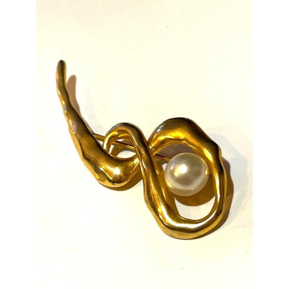 Vintage 80s Asymmetric Gold-tone, Faux Pearl Costume Jewelry Huge Brooch Pin - Picture 4 of 7